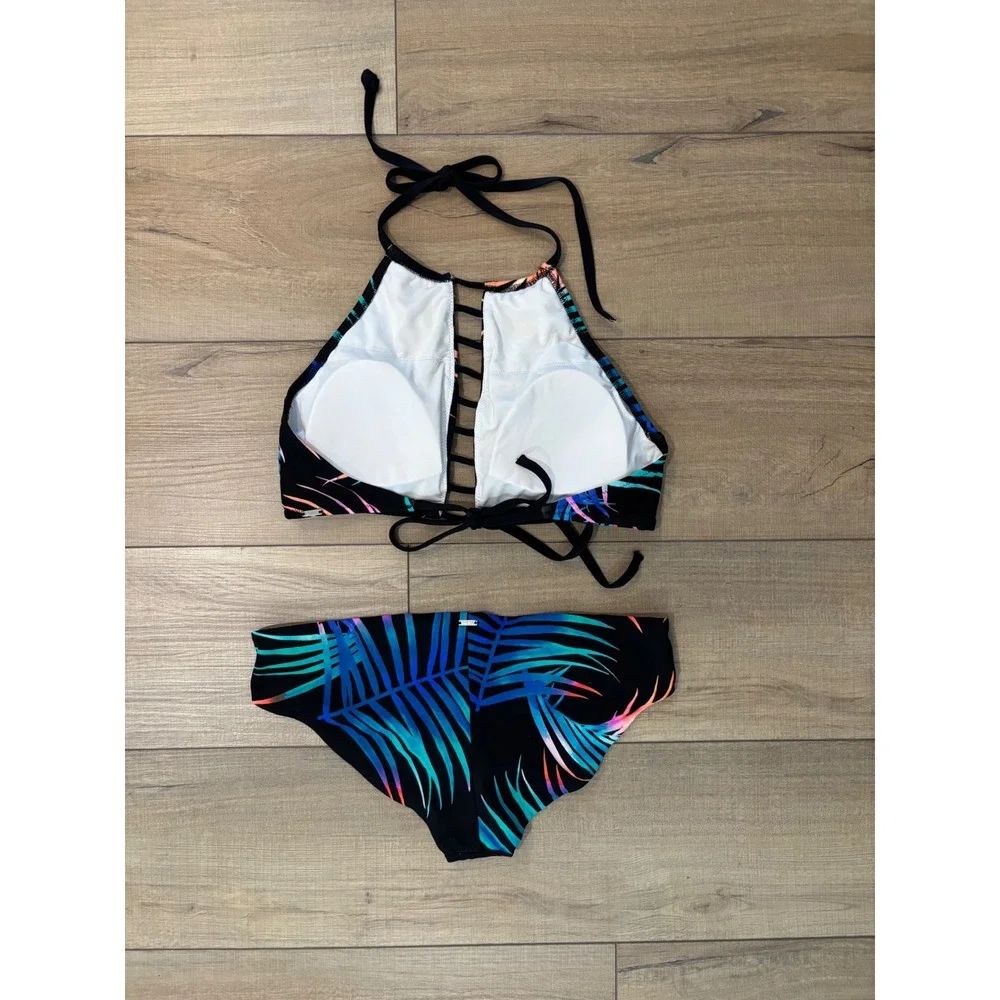 PINK Victoria's Secret Mini Bikini Set Women Medium Black Tropical Ladder Cutout - Picture 3 of 6